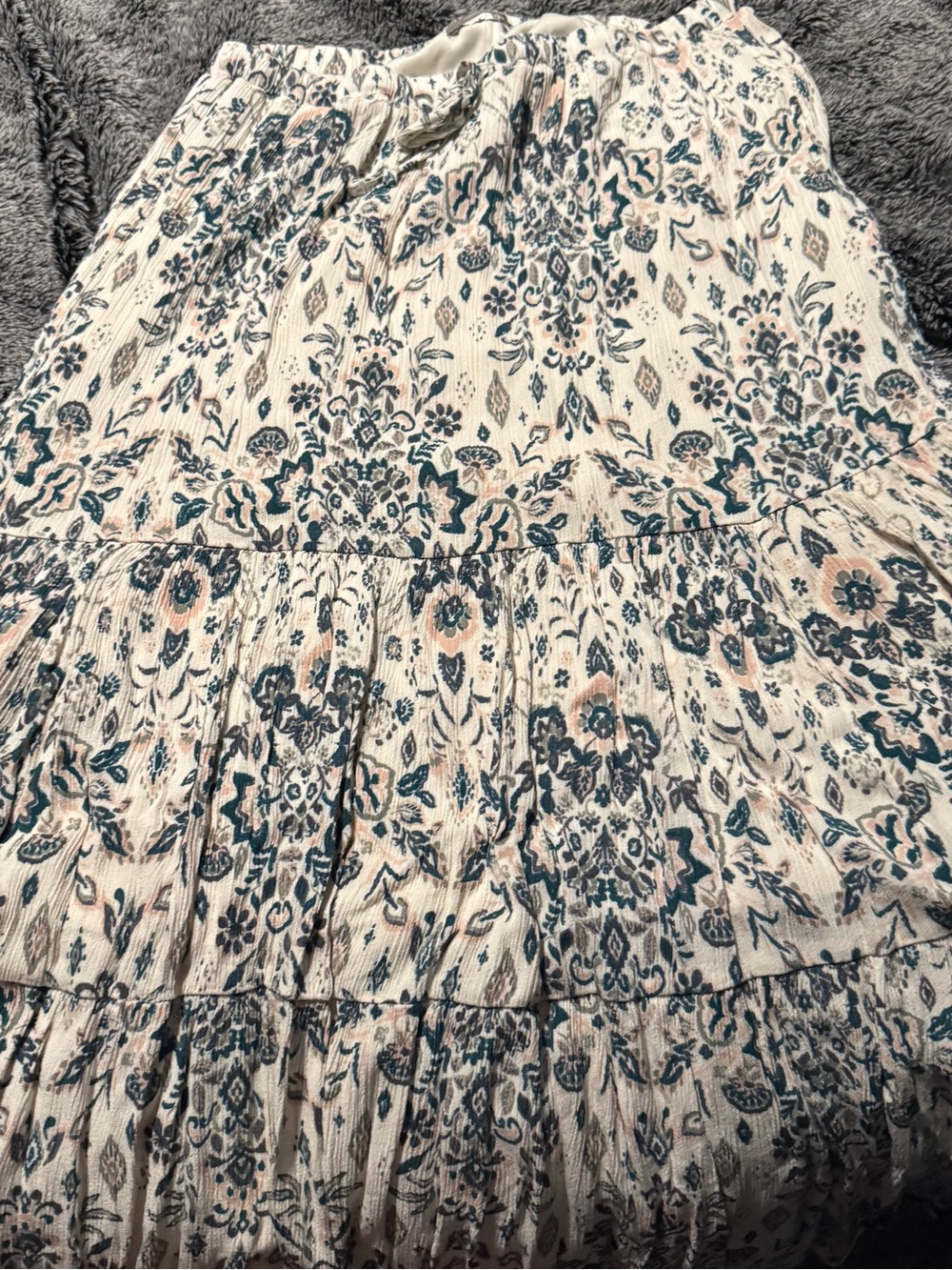 Maurices Cream Floral Tiered Maxi Skirt with Teal and Blush Accents